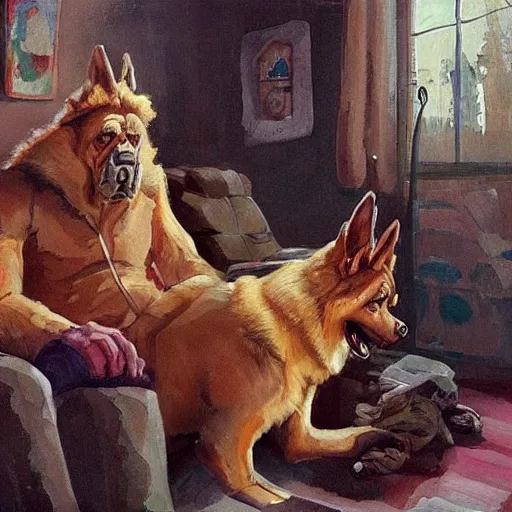 Image similar to a humanoid german shepherd beast - man, sitting and watching a soccer match in his house on television, he has hurt his knee and is a dad, by erin hanson, alexi zaitsev, karl spitzweg, award winning, tv set