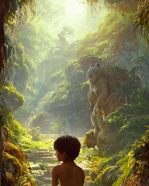 Image similar to still from the jungle book if made by krenz cushart and wenjun lin, portrait, illustration, rim light, top light, summer clear blue sky, perfectly shaded, soft painting, epic, intricate, art