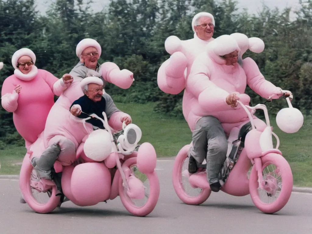 Image similar to a martin parr photo of a grandpa couple, wearing michelin man white body costumes, going super fast on a pink pig, 1 9 7 0 s kodachrome colour photo, flash on camera,