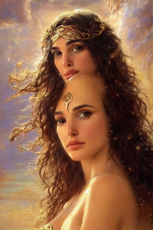 Prompt: high detail portrait of gal gadot as the goddess aphrodite. art by gaston bussiere.