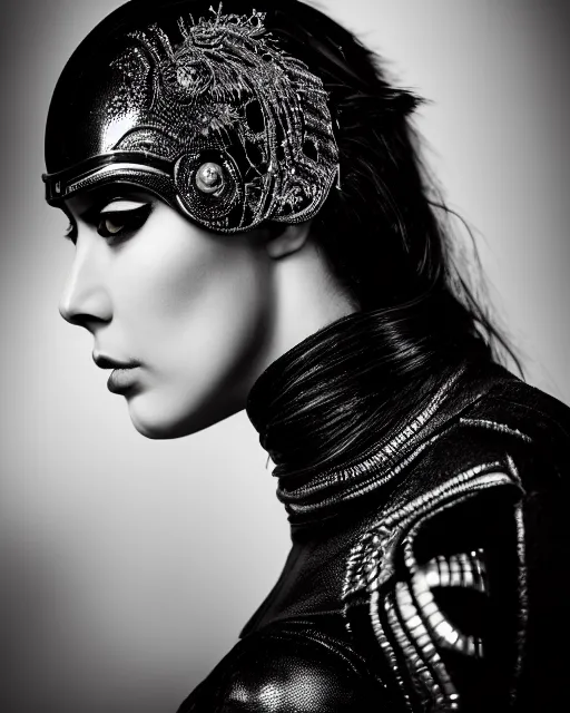 Image similar to a profile portrait, a stunning young woman - crow - cyborg, editorial photography, bw, shot on 7 0 mm, depth of field, f / 2. 8, high contrast, 1 6 k, volumetric lighting, shiny, insanely detailed and intricate, hypermaximalist, elegant, ornate, hyper realistic, super detailed