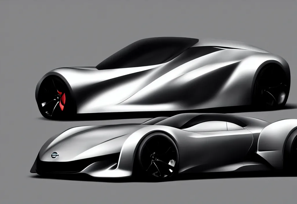 Prompt: a sports car design based on the nissan sports cars, concept car, photoreal, symmetry, by ash thorp