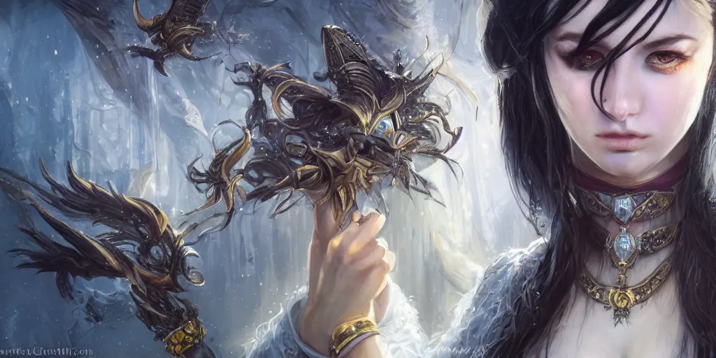 Prompt: a young beautiful priestess with long black hair and symmetrical face, weavering golden strings of magic, barroque painting, ultra realistic. cinematic, dynamic. magic the gathering style. epic fantasy, insanely detailed, 4k, rpg character reference. gourgeous.