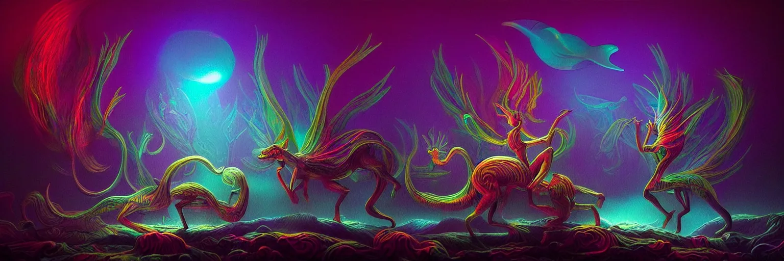 Image similar to microscopic mythical creatures from the depths of the collective unconscious, dramatic lighting with shallow dof, surreal darkly colorful painting by ronny khalil