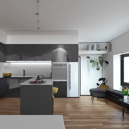 Image similar to Interior studio kitchen and living room, the kitchen turns in a corner with windows on the corner, vray render, interior design