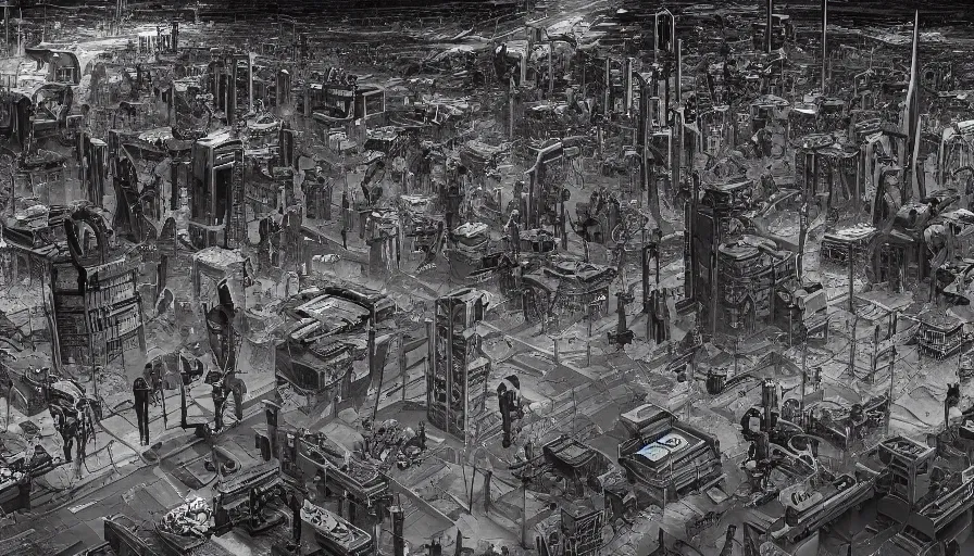 Prompt: cyberpunk wasteland vast area with thousands skulls of humans and robots and broken war machine mechs, trending on artstation hq, deviantart, unreal engine 5, 4 k uhd image, full 3 d, hyperrealistic dmt style, only high contrast colour of black and white, in style of alex grey
