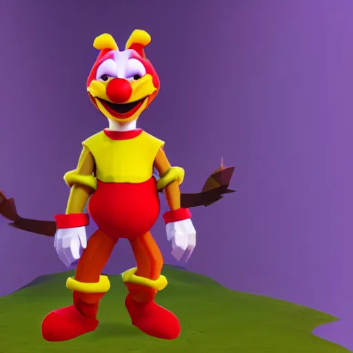 Image similar to image of ronald mcdonald, red afro, red nose and yellow outfit as an enemy in spyro the dragon video game, with low poly playstation 1 graphics, upscaled to high resolution