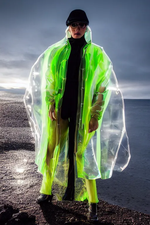 Image similar to an ultra high definition professional high fashion portrait studio full length photograph of a model wearing a transparent pearlescent raincoat and neon visor in an icelandic black rock environment at dawn. no artefacts. extremely detailed. stark. refraction. shallow depth of field. volumetric light and shadow. ray tracing. light rays.