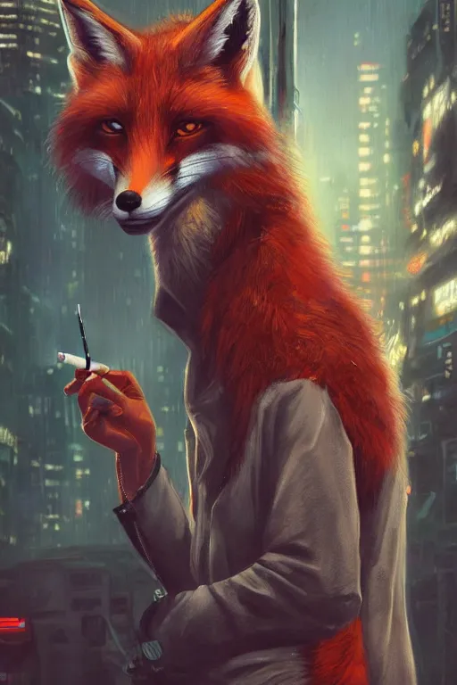 Image similar to beautiful portrait of a tall female anthro fox smoking a cigarette in a bustling crowd of a rainy city street, cyberpunk, harsh neon lights, highly detailed, sharp focus, digital painting, illustration, trending on artstation, art by sakimichan, artgerm