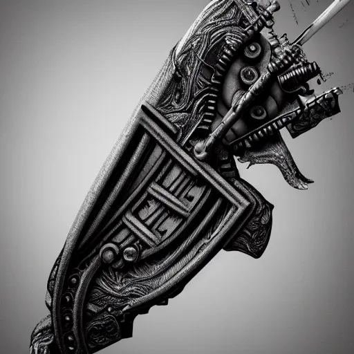 Prompt: mythical black and white organic bio - mechanical rendering of an axe. highly detailed, intricate steampunk ornate, poetic, 3 d render, digital art, octane render, 8 k artistic photography, photo - realistic