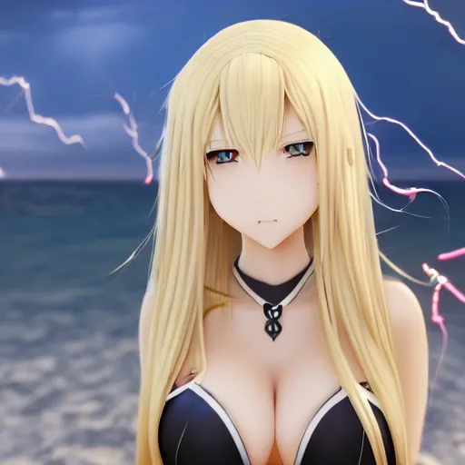 Prompt: bishamon render as a very beautiful 3d anime girl, long pure blonde hair, golden eyes, full round face, short smile, cute bikini, serene beach setting, cinematic lightning, medium shot, mid-shot, highly detailed, trending on Artstation, Unreal Engine 4k, cinematic wallpaper