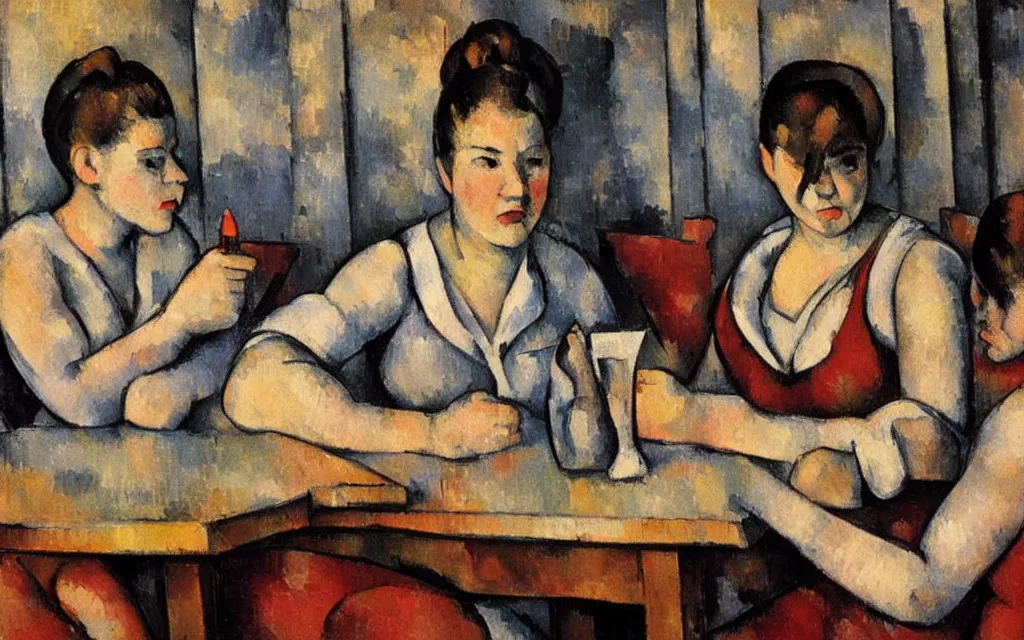 Image similar to in the style of paul cezanne. two hyperpop girls sitting at a wooden table in a bar looking at their phones. there is a bright red lamp hangig above the table. milkshakes