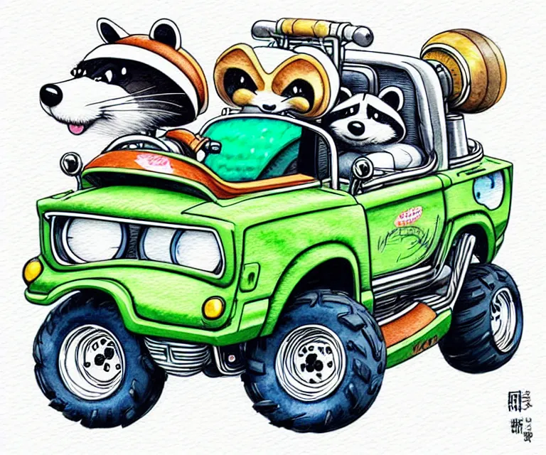 Prompt: cute and funny, racoon wearing a helmet riding in a tiny 4 wheeler with oversized engine, ratfink style by ed roth, centered award winning watercolor pen illustration, isometric illustration by chihiro iwasaki, edited by range murata, tiny details by artgerm, symmetrically centered