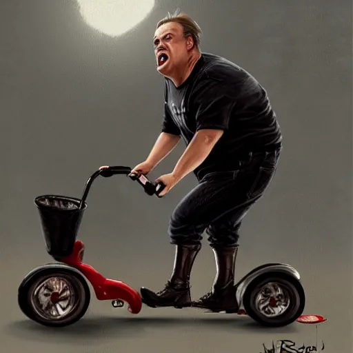 Image similar to hyper realistic obese steve buscemi riding a tiny tricycle, painted by greg rutkowski