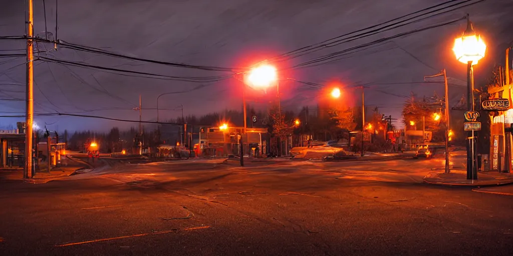 Image similar to painterly, messy, ominous landscape of north bend, washington main street, dark, lonely stop light glowing, twin peaks, lone dark figure