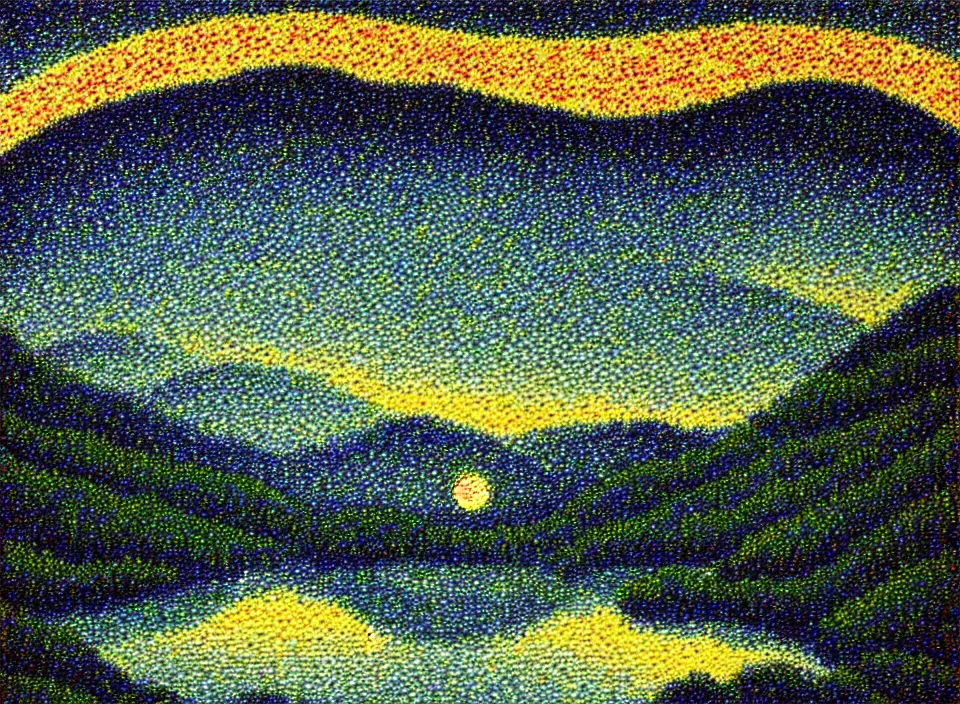 Image similar to a peaceful mountain valley with a lake at night and crescent moon, pointillism