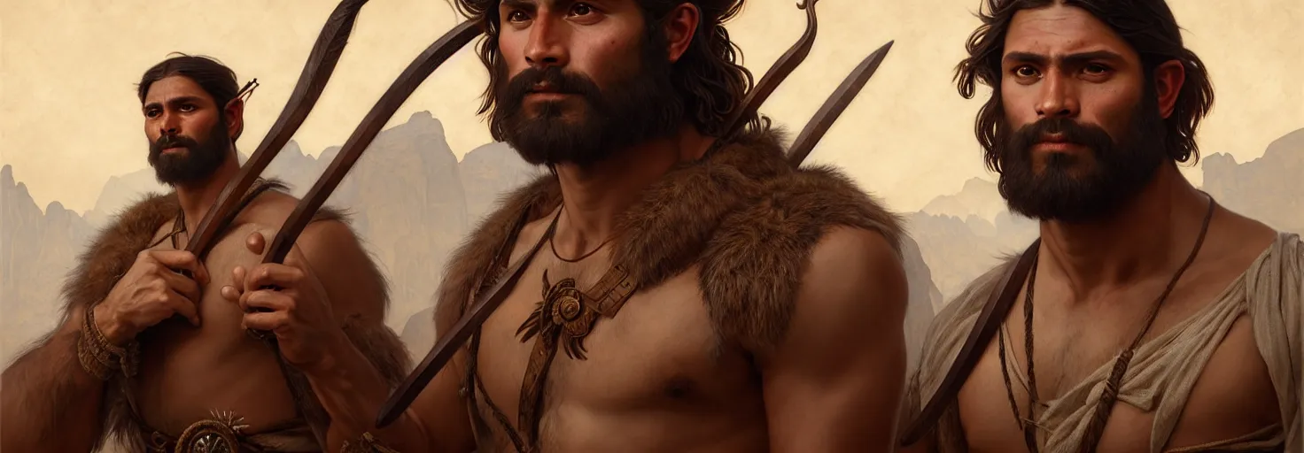 Prompt: renaissance upper body portrait of a gruff ranger with a spear, Navajo, lean and toned, handsome face, hairy chest, D&D, intricate, elegant, highly detailed, digital painting, artstation, concept art, matte, sharp focus, illustration, art by da Vinci, Artgerm and Greg Rutkowski and Alphonse Mucha