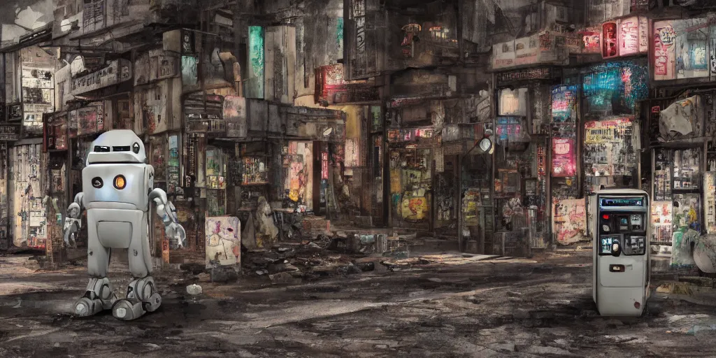 Prompt: broken robot lying deserted shinjuku junk town, watercolor, ghost in the shell, soft bloom lighting, paper texture, bright sun bleached ground, vending machine, robot lurks in the background, koji morimoto, katsuya terada, genius party, animatronic, black smoke, pale, beige sky pencil marks, hd, 4k, remaster, dynamic camera angle, fish eye, dynamic scene