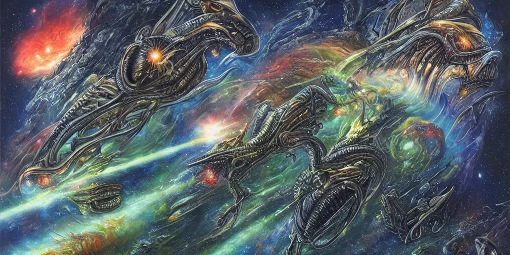 Image similar to alien dragons flying through outer space, epic nebula, asteroid belt, dan seagrave art