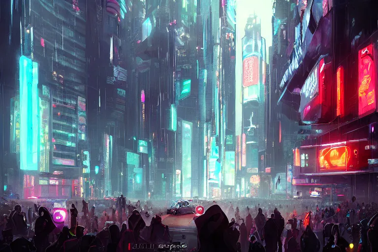 Image similar to dramatic artstation illustration of a crowd surrounding a giant holographic avatar at a city intersection by greg rutkowski, cyberpunk, raining