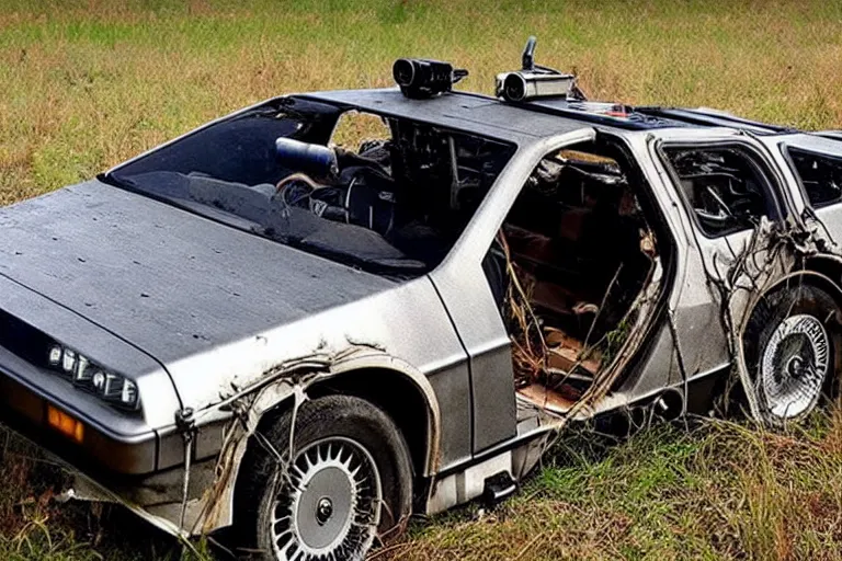 Prompt: abandoned 2 0 2 2 delorean time machine in a field