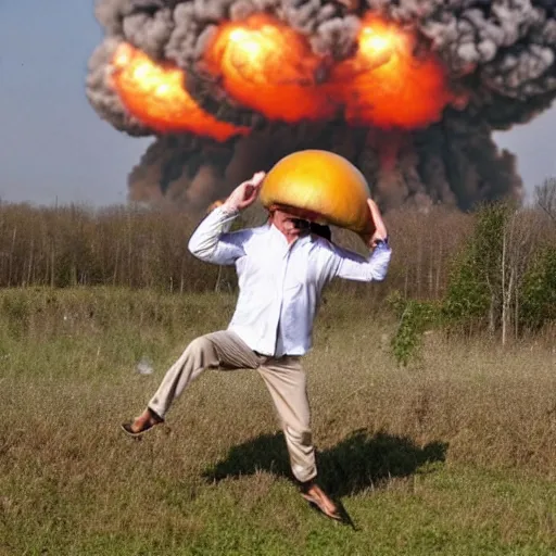 Image similar to a funny, intimidated ukrainian with a chub on his head in a vyshvanka is jumping trying to dodge napalm on the ground from a nuclear mushroom in the background