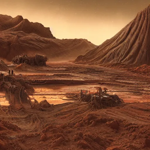 Image similar to matte painting of a sci - fi mining work exploring toxic sulfur pools of hestia rupes mars landscape, highly detailed, vidid, epic scenery, windy, at dusk