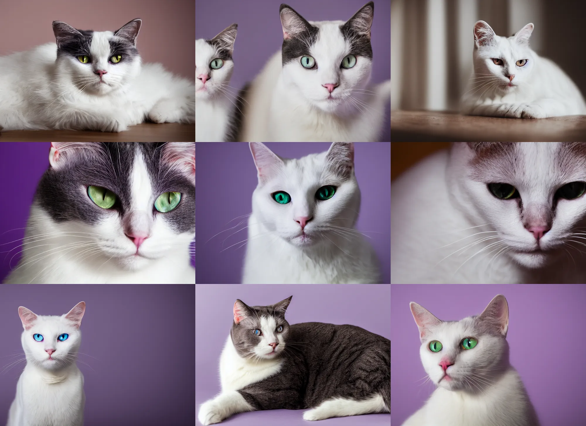 Prompt: photo still of white cat with purple eyes, 8 k, studio lighting bright ambient lighting key light, 8 5 mm f 1. 8