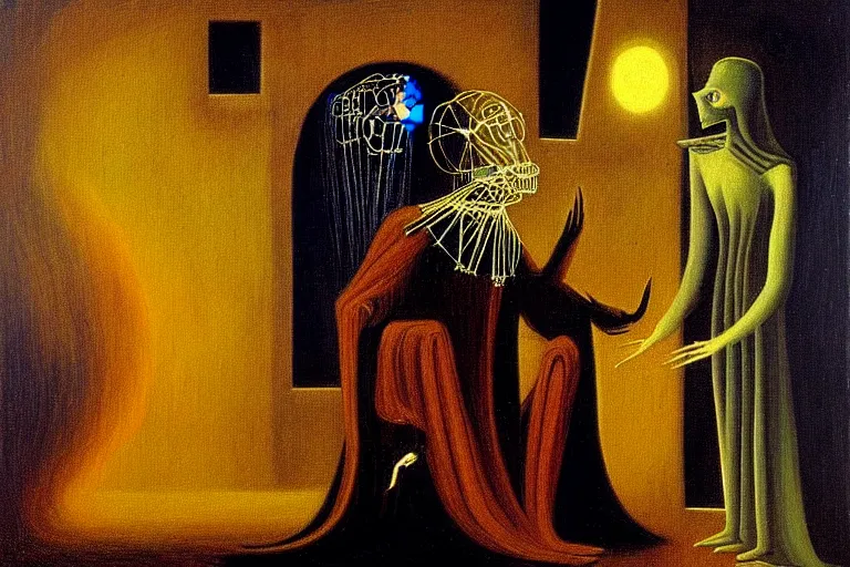 Image similar to a beautiful masterpiece painting of a cybernetic technomancer wizard consulting his AI djinn by Remedios Varo