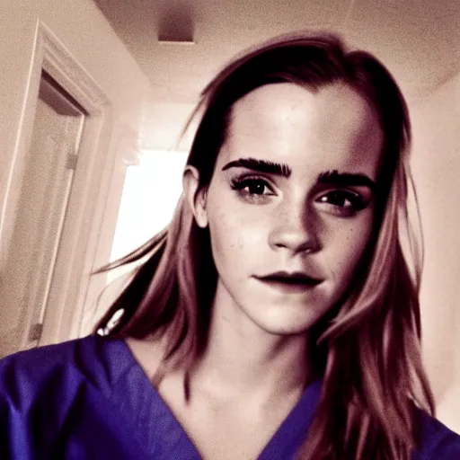 Prompt: photo, close up, emma watson in nurse scrubs, dim light, low light, fog, android cameraphone, snapchat story screenshot, 2 6 mm,