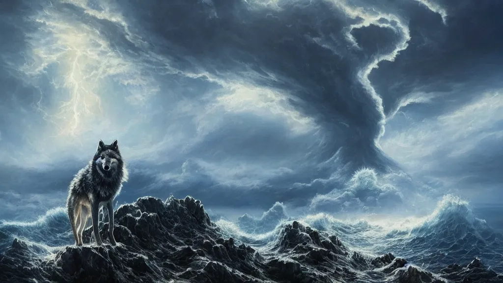 Prompt: A wolf standing on the edge of a grassy cliff looking out towards an underwater nuclear explosion, birds flying away from explosion, mind-bending geometry, explosive shockwaves rippling across sapphire waters below, extreme realism, intricate details, flowing waves, 4k, trending on Artstation, award-winning, dramatic painting, art by Greg Rutkowski