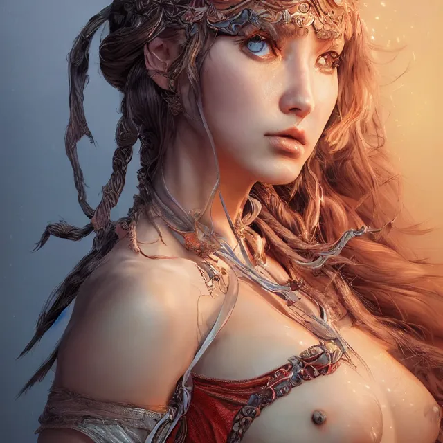 Image similar to studio portrait of neutral good colorful female cleric bard healer as absurdly beautiful, elegant, young sensual swimsuit model, ultrafine hyperrealistic detailed face illustration by kim jung gi, irakli nadar, intricate linework, sharp focus, bright colors, matte, octopath traveler, final fantasy, unreal engine highly rendered, global illumination, radiant light, intricate environment