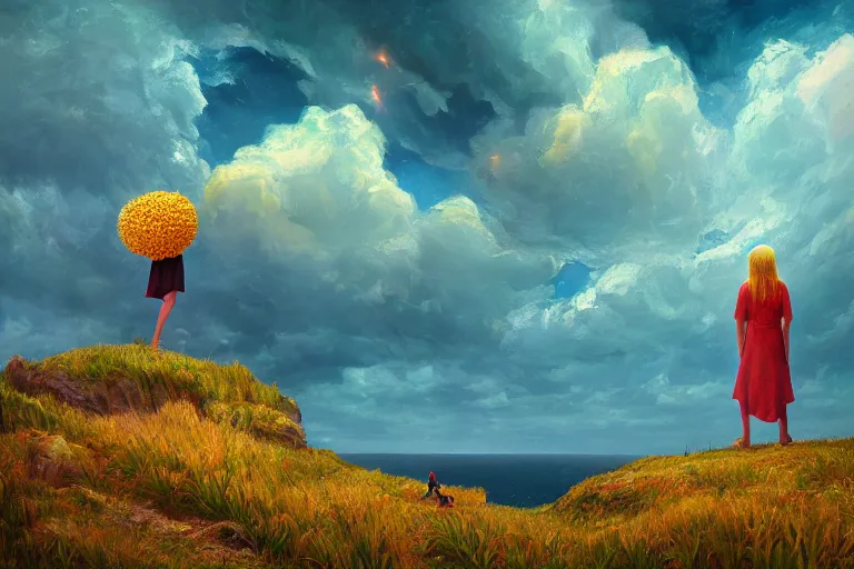 Image similar to giant corn flower as a head, girl standing on cliff, surreal photography, stars, dramatic light, impressionist painting, storm clouds, digital painting, artstation, simon stalenhag