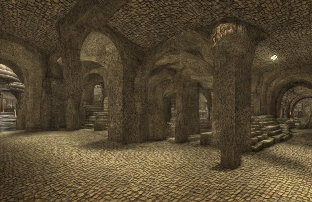 Prompt: vacation photos from morrowind. hyperrealism by ansel adams 8 k resolution texture graphics mods 1 2 0 fps interior of waterworks underneath city