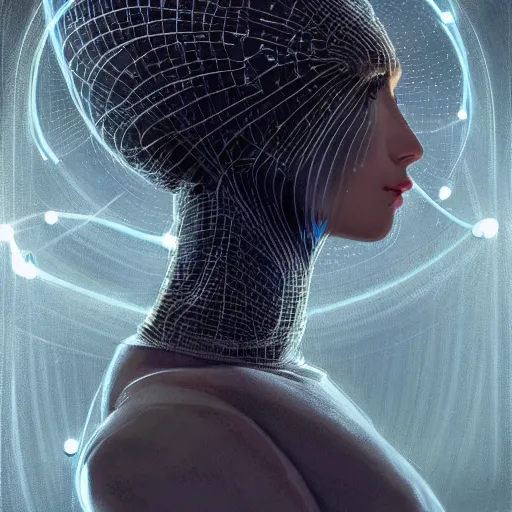 Image similar to portrait of a humanoid robot wearing a veil inspired by raised by wolves ( 2 0 2 0 ), mystic, mystical, robot body, wires, robotic, intricate, headshot, highly detailed, digital painting, artstation, concept art, sharp focus, cinematic lighting, digital painting, art by artgerm and greg rutkowski, alphonse mucha, cgsociety