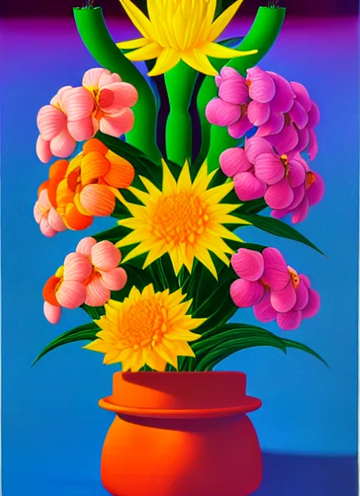 Image similar to pot of flowers by shusei nagaoka, kaws, david rudnick, airbrush on canvas, pastell colours, cell shaded, 8 k