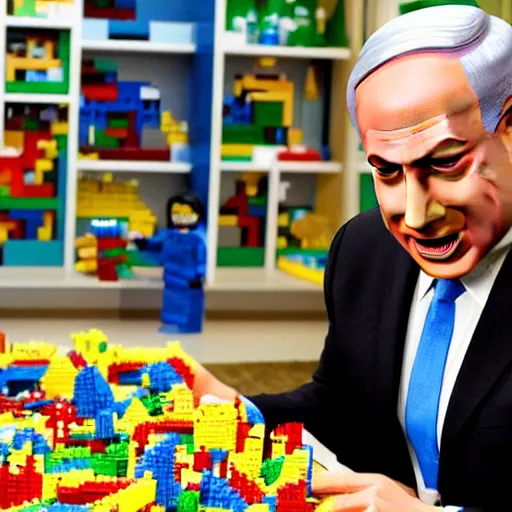 Prompt: benjamin netanyahu playing with legos