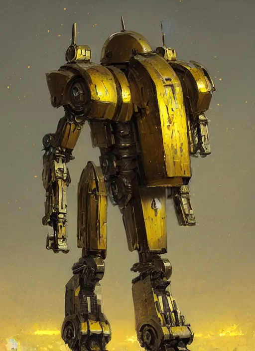 Image similar to human-sized strong intricate yellow pit droid carrying very detailed perfect antique great sword and beautiful large paladin shield, pancake short large head, exposed metal bones, painterly humanoid mecha, slightly far away, by Greg Rutkowski