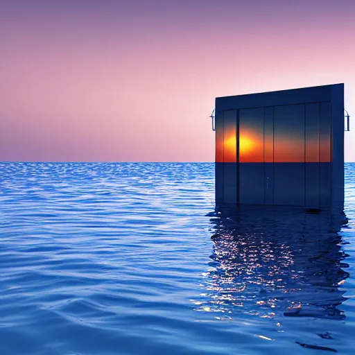 Image similar to a bathroom stall floating in the middle of the ocean, sunset, beautiful, ultra realistic digital art, 4k, cgsociety, HDR, Intricate