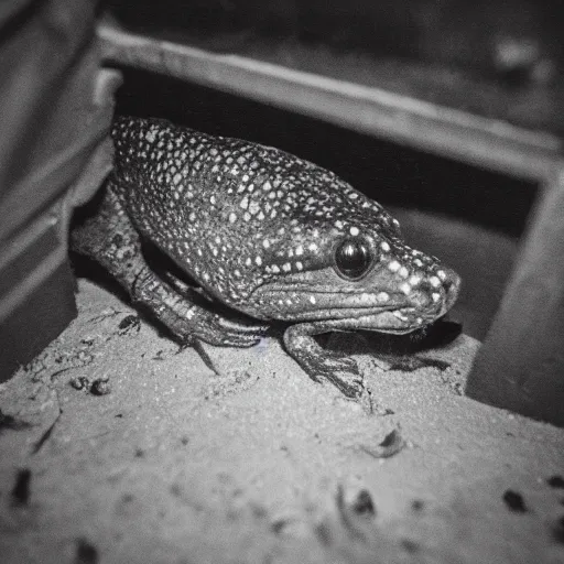 Image similar to grainy photo of a mudskipper as a creepy monster in a closet, harsh flash