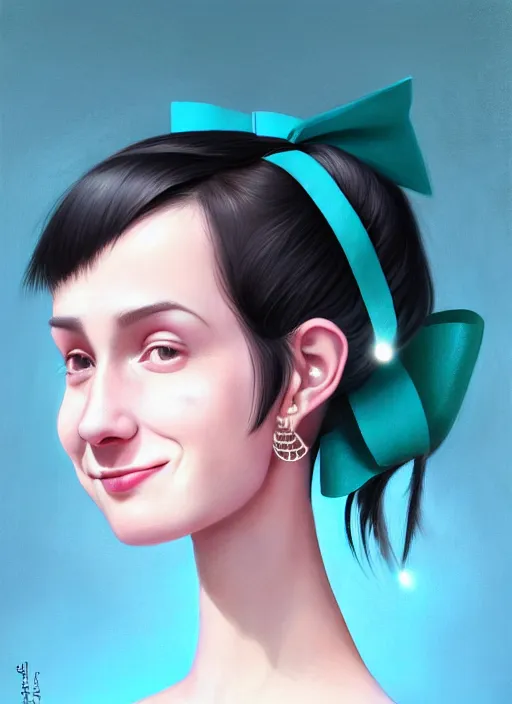 Prompt: portrait of high school girl, realistic, black hair, bangs, half updo hairstyle, pointy nose, skinny, smile, ugly, defined jawline, big chin, teal hair bow, earrings, intricate, elegant, glowing lights, highly detailed, digital painting, artstation, sharp focus, illustration, art by wlop, mars ravelo and greg rutkowski