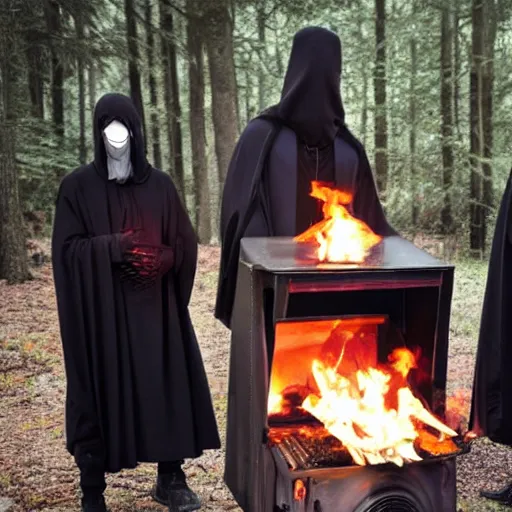 Prompt: cultists in black robes surround a stove, realistic, gothic, black masks, magical, realistic