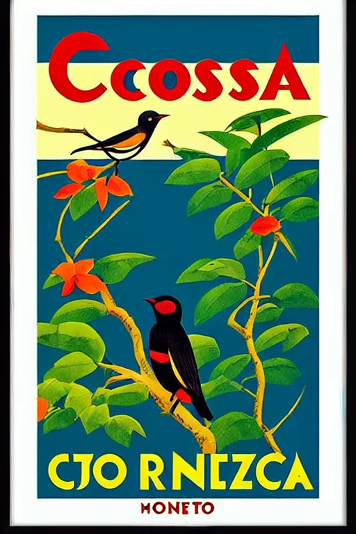 Image similar to art deco travel poster. costa rica monteverde with birds, framed poster