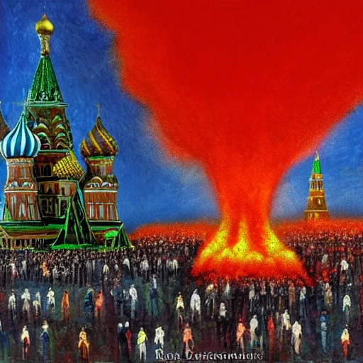 Image similar to huge nuclear explosion, red square moscow, nuclear explosion wave, photorealistic, detailed, masterpiece