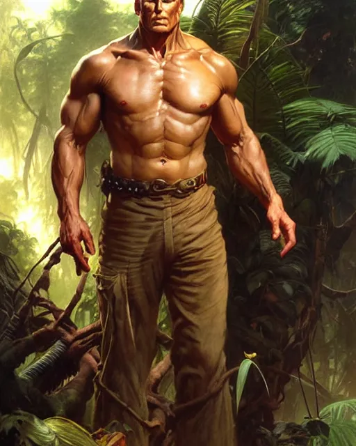 Image similar to doc savage in the jungle, fantasy character portrait, ultra realistic, concept art, intricate details, highly detailed by frank frazetta greg rutkowski, gaston bussiere, craig mullins, simon bisley ruan jia and mandy jurgens and artgerm and william - adolphe bouguereau and frank frazetta