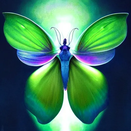 Image similar to luna moths backlit, uniquely beautiful, fantasy, intricate, elegant, dramatic lighting, emotionally evoking symbolic metaphor, highly detailed, lifelike, photorealistic, digital painting, artstation, concept art, smooth, sharp focus, illustration, art by John Collier and Albert Aublet and Krenz Cushart and Artem Demura and Alphonse Mucha