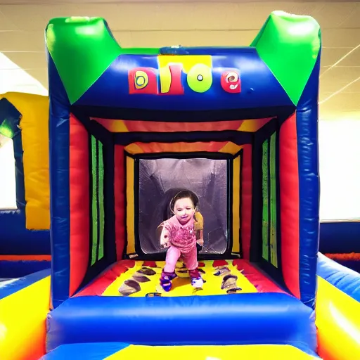 Image similar to a darkly lit indoor children's bounce house photo taken with a deposable camera limital space