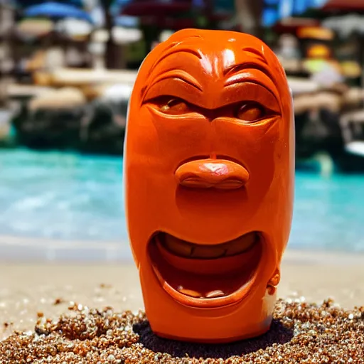 Image similar to a closeup photorealistic photograph of a glossy orange cat garfield style tiki mug sitting at a trader vic's beach bar featuring garfield's face. tiki theme. bright scene. fine detail. this 4 k hd image is trending on artstation, featured on behance, well - rendered, extra crisp, features intricate detail, epic composition and the style of unreal engine.