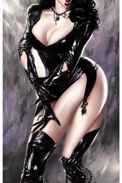 Prompt: a ( beautiful masterpiece highly detailed ) full body portrait illustration of intimate alluring elvira! mistress of the dark by ralph horsely and artgerm and joe jusko, raven black hair, porcelain white skin. betty page, curvy. trending on artstation