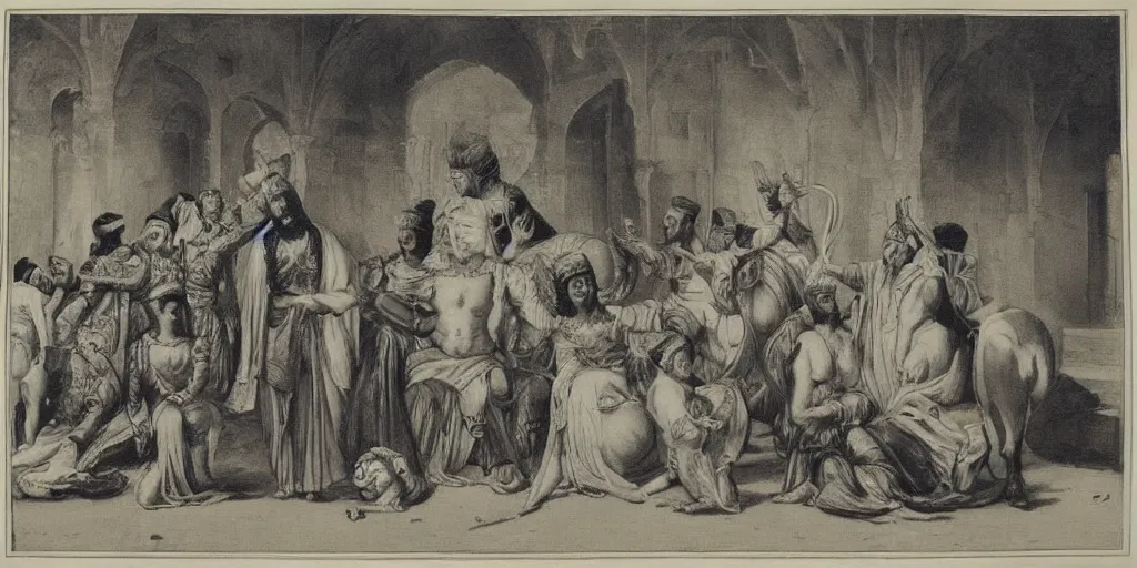 Image similar to sultan and his harem, lithograph